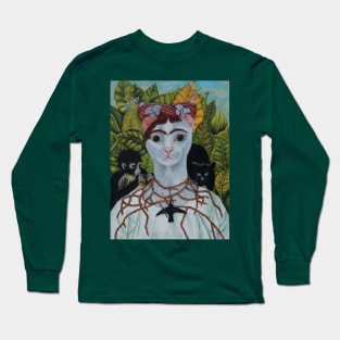 Frida portrait with Thorn Necklace and Hummingbird Long Sleeve T-Shirt